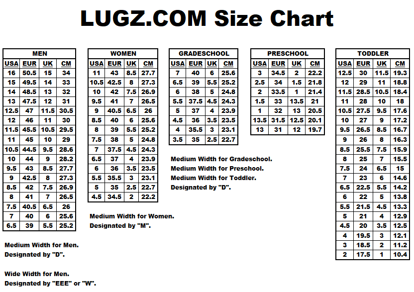 lugz size chart